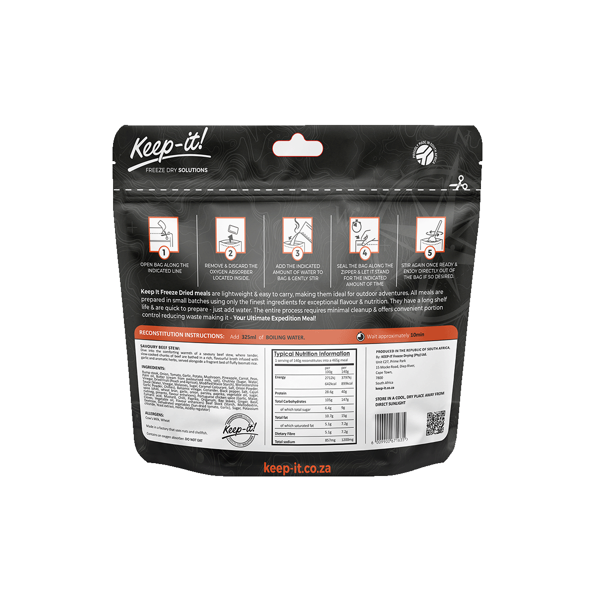 prepared meal, Adventure meal, freeze dried, freeze-dried, Adventure Meals, 25 years, Healthy meal, expedition, hiking, adventure, healthy, Savoury, Beef, Beef Stew, Keep-it, Keep it