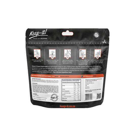 prepared meal, Adventure meal, freeze dried, freeze-dried, Adventure Meals, 25 years, Healthy meal, expedition, hiking, adventure, healthy, Savoury, Beef, Beef Stew, Keep-it, Keep it