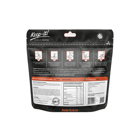 prepared meal, Adventure meal, freeze dried, freeze-dried, Adventure Food, 25 years, Healthy meal, expedition, hiking, adventure, healthy, vegetarian, mushroom, risotto, Keep-it, Keep it