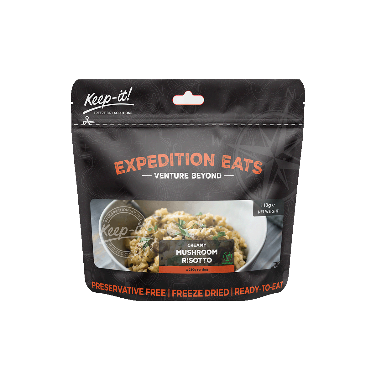 prepared meal, Adventure meal, freeze dried, freeze-dried, Adventure Food, 25 years, Healthy meal, expedition, hiking, adventure, healthy, vegetarian, mushroom, risotto, Keep-it, Keep it