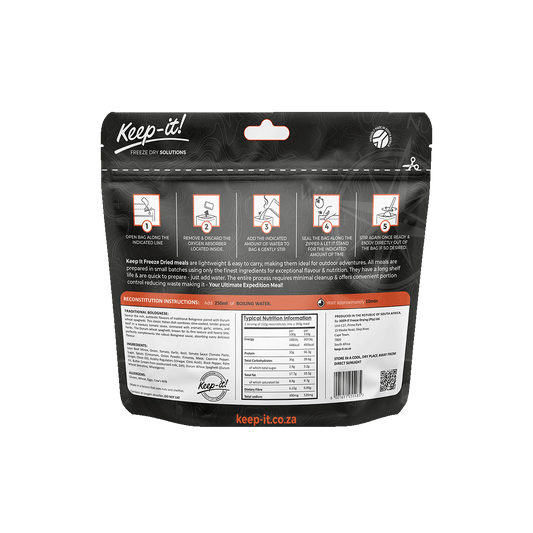 prepared meal, Adventure meal, freeze dried, freeze-dried, Adventure Food, 25 years, Healthy meal, expedition, hiking, adventure, healthy, Bolognese, bolognaise, spaghetti, Durum wheat, Keep-it, Keep it