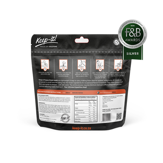 prepared meal, Adventure meal, freeze dried, freeze-dried, Adventure Meals, 25 years, Healthy meal, expedition, hiking, adventure, healthy, mild, chicken, chicken curry, Keep-it, Keep it