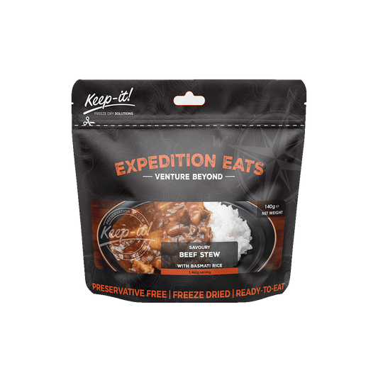 prepared meal, Adventure meal, freeze dried, freeze-dried, Adventure Meals, 25 years, Healthy meal, expedition, hiking, adventure, healthy, Savoury, Beef, Beef Stew, Keep-it, Keep it