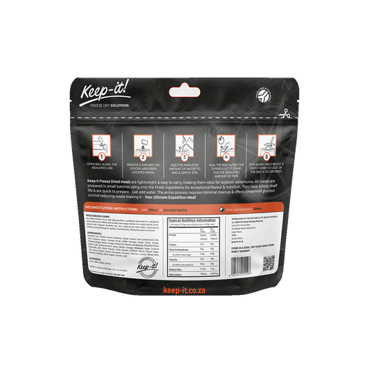 prepared meal, Adventure meal, freeze dried, freeze-dried, Adventure Meals, 25 years, Healthy meal, expedition, hiking, adventure, healthy, mild, chicken, chicken curry, Keep-it, Keep it
