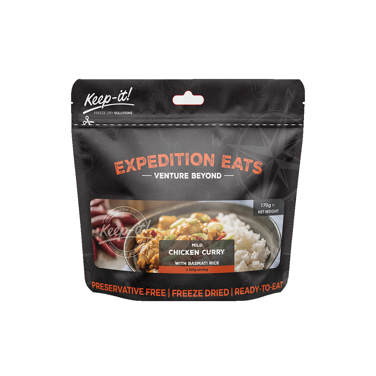 prepared meal, Adventure meal, freeze dried, freeze-dried, Adventure Meals, 25 years, Healthy meal, expedition, hiking, adventure, healthy, mild, chicken, chicken curry, Keep-it, Keep it