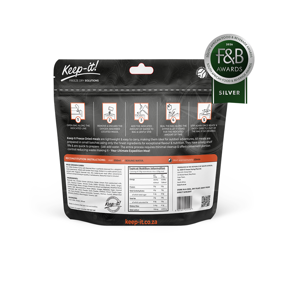 prepared meal, Adventure meal, freeze dried, freeze-dried, Adventure Meals, 25 years, Healthy meal, expedition, hiking, adventure, healthy, mild, chicken, chicken curry, Keep-it, Keep it