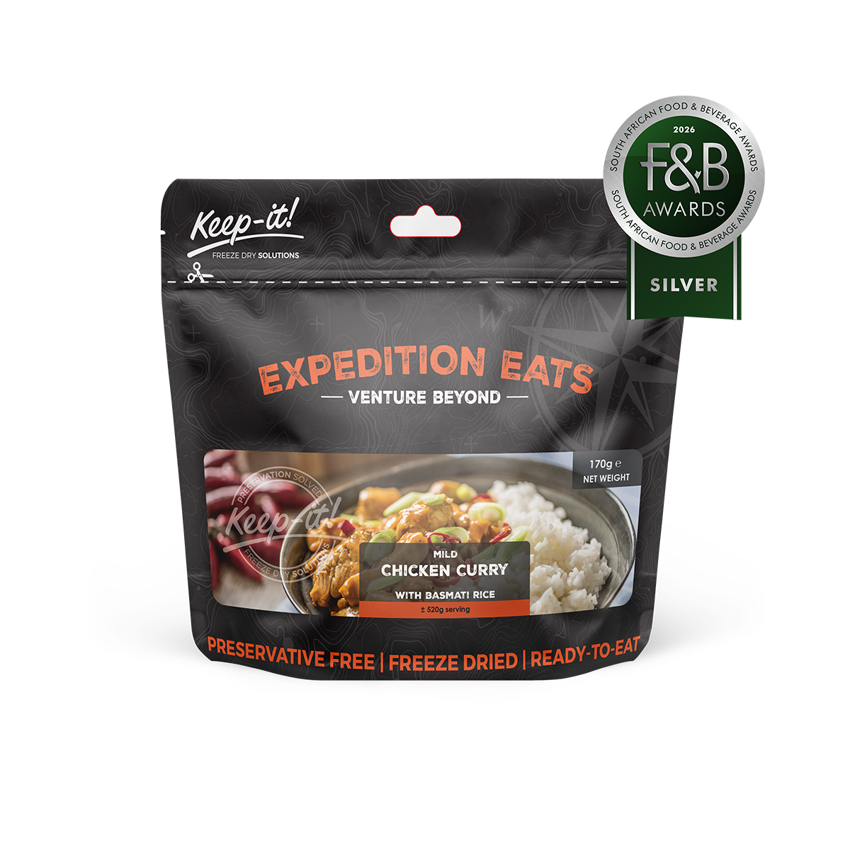 prepared meal, Adventure meal, freeze dried, freeze-dried, Adventure Meals, 25 years, Healthy meal, expedition, hiking, adventure, healthy, mild, chicken, chicken curry, Keep-it, Keep it
